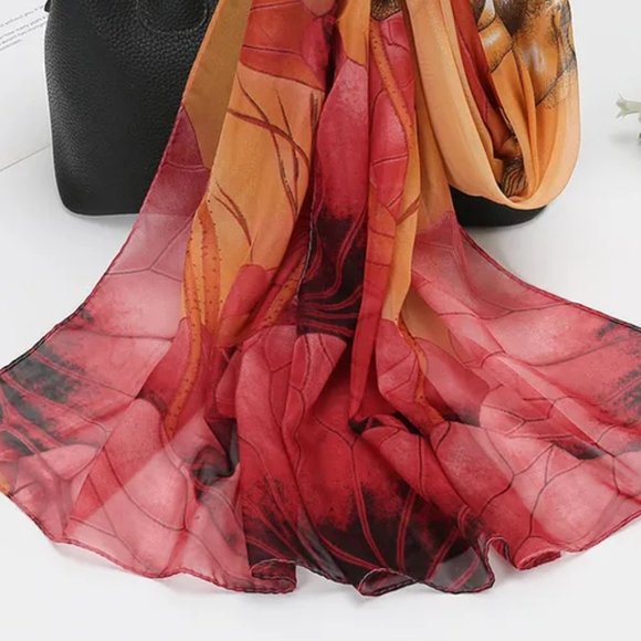 2/$30 Vibrant Floral Red and Orange Scarf Shawl Head Scarf Chiffon Women Gifts - Picture 4 of 7